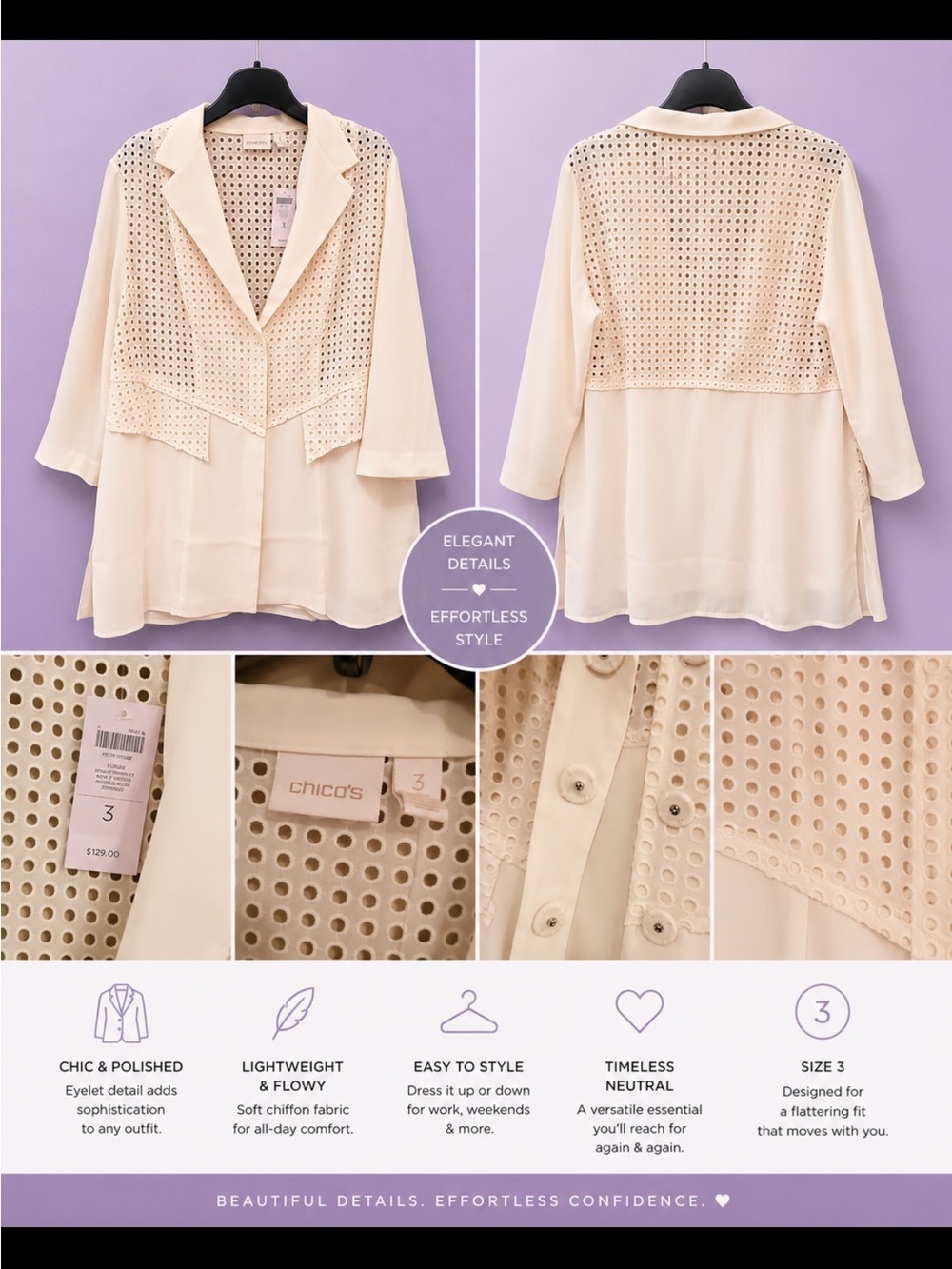 NWT  Chico's eyelet antique white jacket/cardigan sz 3 (14)